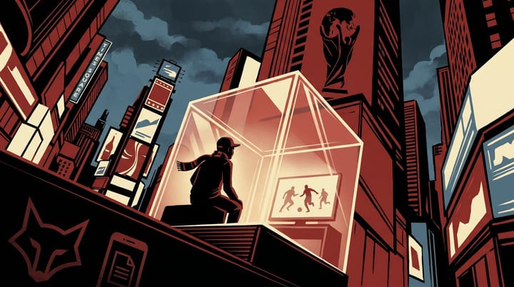 Stylized propaganda poster with a transparent cube in Times Square, a soccer fan inside watching matches on a screen, FOX One and Indeed logos, and FIFA World Cup 2026 trophy silhouette.