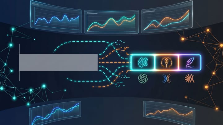 Dark data viz of a GA4 dashboard showing a tiny AI Assistant traffic bar next to a massive Direct traffic bar, with ChatGPT, Gemini and Claude logos as recognized referrers.