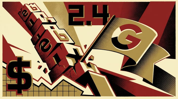 Propaganda-poster illustration of a GameStop banner toppling an eBay tower with a flat-line growth chart and $2.4 billion headline behind it