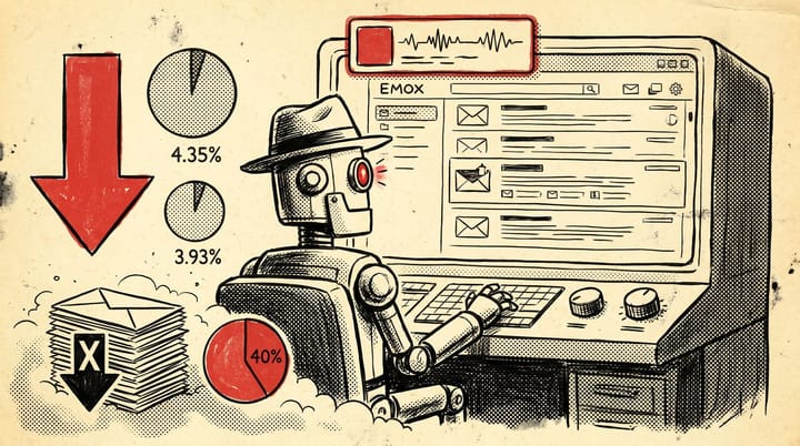 Retro newspaper illustration of a Gmail inbox with an AI robot reading the top email first, percentage stats showing CTR dropping from 4.35% to 3.93%.