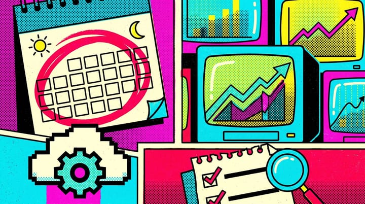 Pop art style calendar page with June 10 marked in bold red, a Google Ads API v20 version label, and faded CRT bid manager dashboards behind it