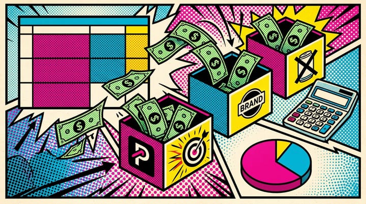 Pop-art illustration of a Google Ads budget pie chart split 70 20 10 between PMax, brand, and non-brand campaigns with dollars flowing into each box