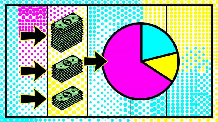 Pop-art illustration of a spreadsheet with budget percentages and dollar bill stacks split across Search, PMax, and Shopping columns under a bold 70/20/10 label.