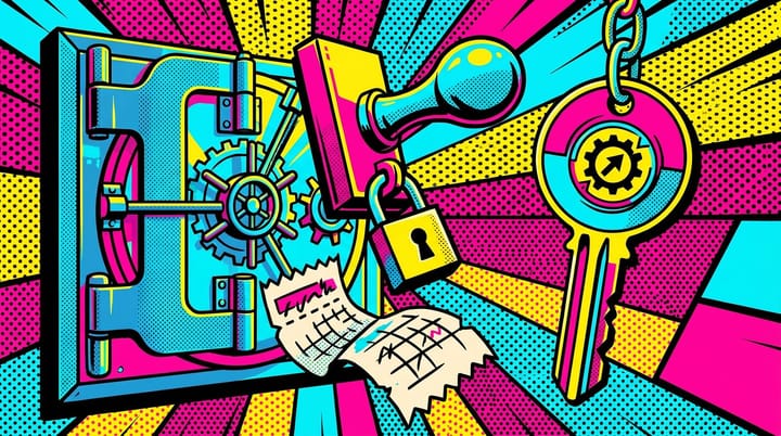Pop-art illustration of a locked vault door stamped June 15 with a developer token key dangling beside it and a torn calendar strip reading Dec 2025 to May 2026.