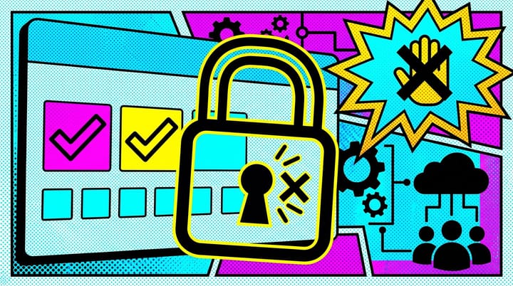 Pop-art Google Ads dashboard with a giant passkey symbol overlay, calendar dates July 15 and July 8 highlighted, and a comic speech bubble reading 'Sensitive Action Blocked'.