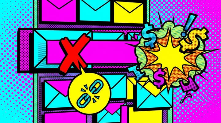 Pop art Gmail inbox showing a Google Ads rep email stamped with a red CAN-SPAM warning and a $53,088 penalty notice, with the missing opt-out link circled.
