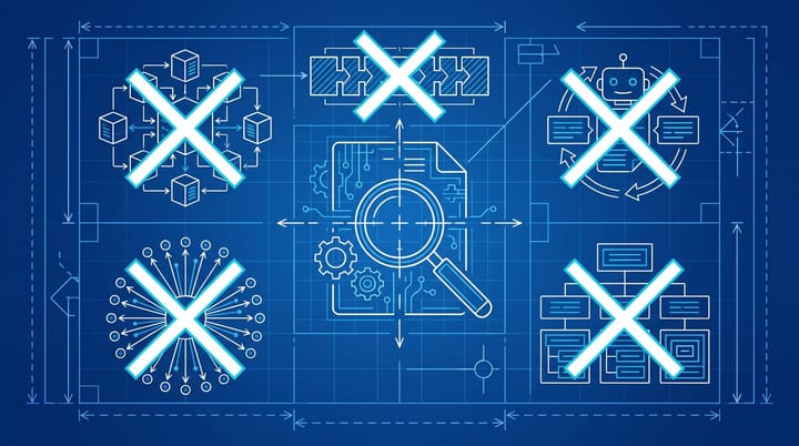 Blueprint-style diagram with five AEO tactics crossed out beside a Google developer docs page: llms.txt, content chunking, AI rewrites, mention farms, and special schema.
