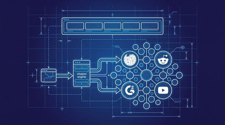Blueprint of an AI Overview pipeline with 5 link slots feeding a citation engine; Wikipedia, Reddit, G2, and YouTube are the dominant source nodes.