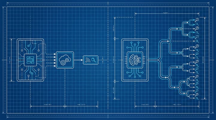 Blueprint of Google's two AI search systems: classic index feeding AI Overviews on left, AI Mode platform with fan-out query tree on right