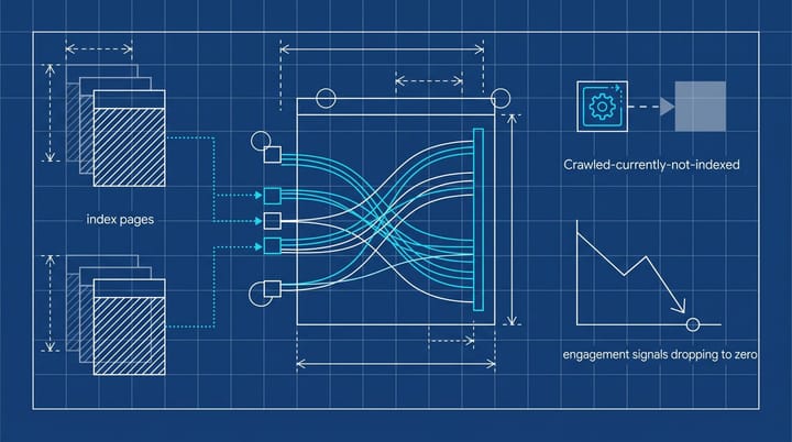 Schematic of search index pages graying out as AI Overview answer cards capture queries, with Crawled-currently-not-indexed labels marking deindexed URLs.