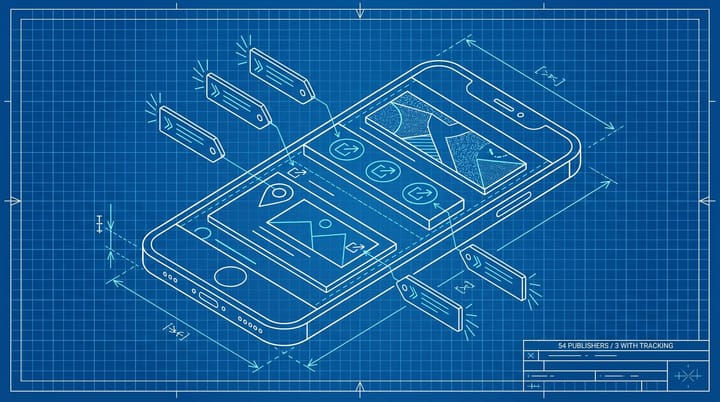 Blueprint schematic of a smartphone showing a Google Discover publisher profile with banner, links shelf, and pinned post, with UTM tag labels attaching to outbound link icons