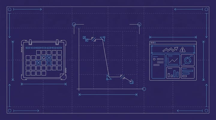 Blueprint-style technical diagram showing a Search Console Discover line chart with a sharp two-day cliff at May 7-8, 2026 and a data anomaly annotation banner