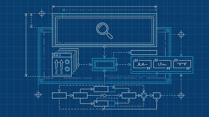 Blueprint-style diagram of Google AI Overviews Expert Advice section pulling Reddit forum quotes through a karma upvote filter into citation blocks