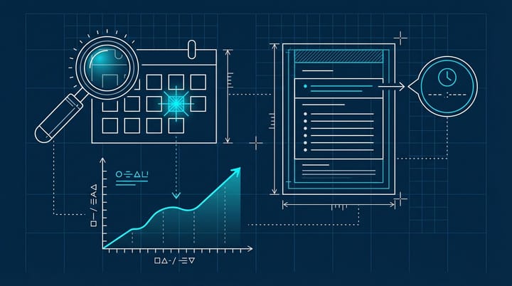 Blueprint-style diagram of a SERP snippet with a Fresh Updates timestamp callout, magnifying glass over a calendar grid, and a freshness-decay line graph.