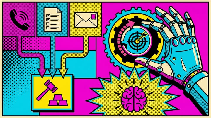 Pop art comic illustration of a Google Ads Target CPA bid strategy dial being adjusted by an AI hand, with phone, form, and newsletter icons funneling into a single auction box.