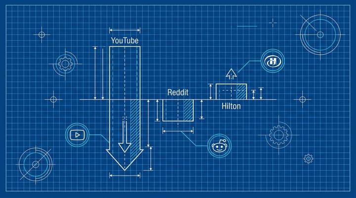 Blueprint chart of Google's March 2026 core update showing YouTube down 567 SISTRIX points, Reddit down 64, and Hilton up 4 on a technical grid background.
