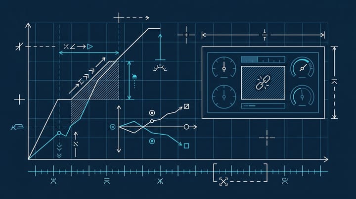 Blueprint-style technical chart showing Search Console impressions inflated above clicks across May 2025 to April 2026 timeline with corrupted data window annotation