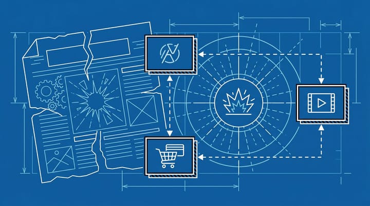 Torn newspaper page reading 'GOOGLE SEARCH IS OVER' overlaid with a blueprint schematic of three surviving query buckets: branded, transactional, and YouTube carousel.