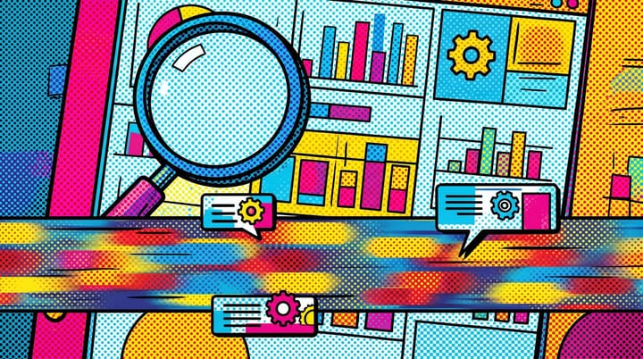 Pop-art comic illustration of a magnifying glass over a Google Ads search terms dashboard with partially blurred queries and AI rewrite tags, primary red yellow and blue palette.
