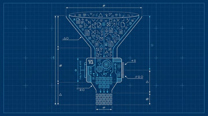 Blueprint-style technical diagram of Google's ranking funnel, narrowing thousands of candidate pages to a 30-result window with a TurboQuant compression module at the bottleneck