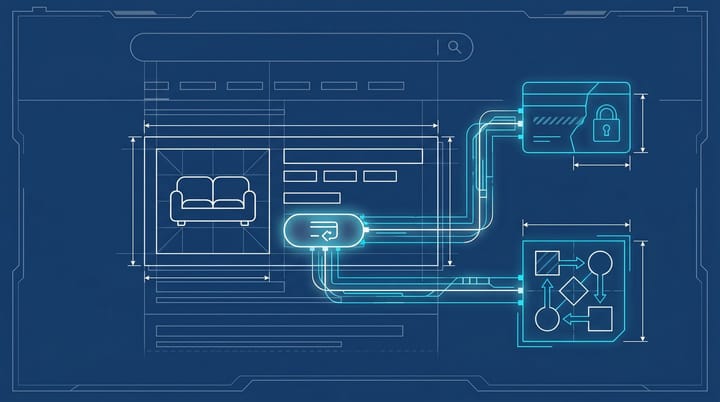 Blueprint diagram of a Wayfair sofa listing on a Google Search results page with a Buy with Google Pay button wired to a payment token and merchant feed schema