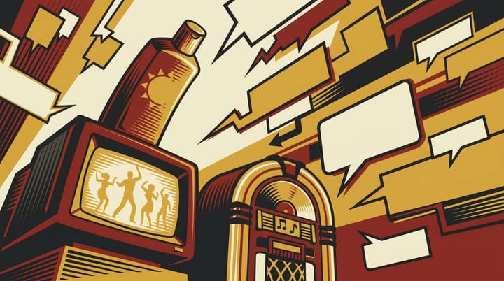 Propaganda-poster style composition: Hawaiian Tropic sunscreen bottle, a vintage I Touch Myself 7-inch record, and swarming TikTok comment bubbles framing the scene.