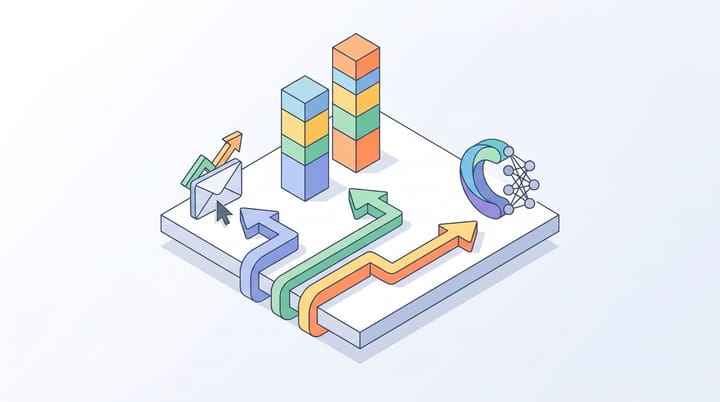 Isometric bar charts: Anthropic at 34.4% and OpenAI at 32.3% of business AI spend, with MCP connector arrows linking an email marketing platform to a Claude logo.
