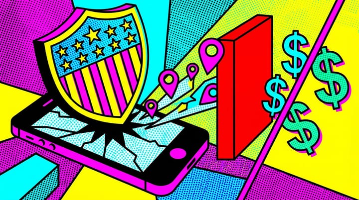 Federal Trade Commission seal stamping a shattered smartphone with location pins blocked by a red consent required barrier in pop art halftone style
