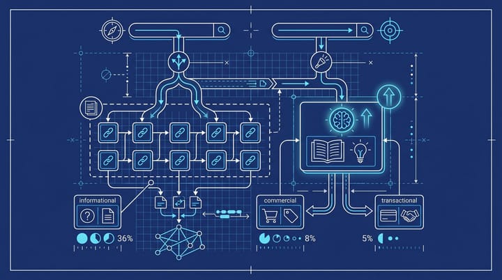 Blueprint schematic showing a Google SERP splitting browsy queries to blue links and specific informational queries to an AI Overview box with intent trigger percentages.