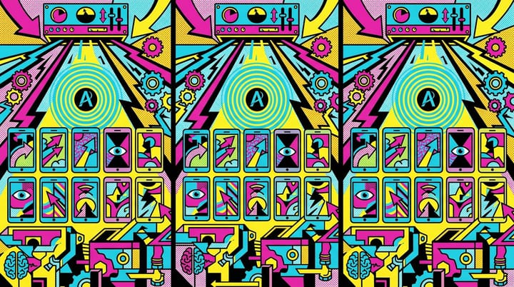 Pop-art illustration of the Meta Advantage+ algorithm orchestrating a fleet of vertical mobile ad creatives under an Andromeda spotlight, bold colors and dynamic composition.