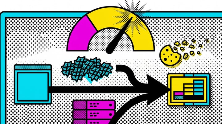 Pop-art Meta Events Manager with an EMQ gauge climbing 6.5 to 8.5, hashed email tokens, an fbp cookie, pixel and server events merging into one deduplicated record.