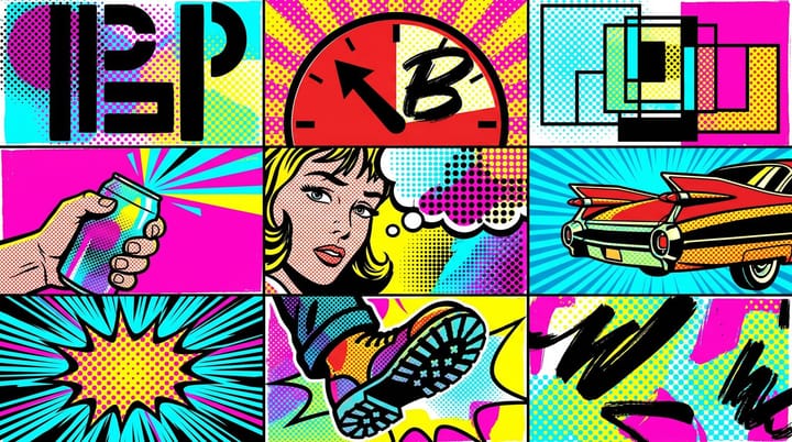 Pop-art grid of nine Meta ad creative variants with a red 60% similarity dial and oversized 50/40/3 stencil typography