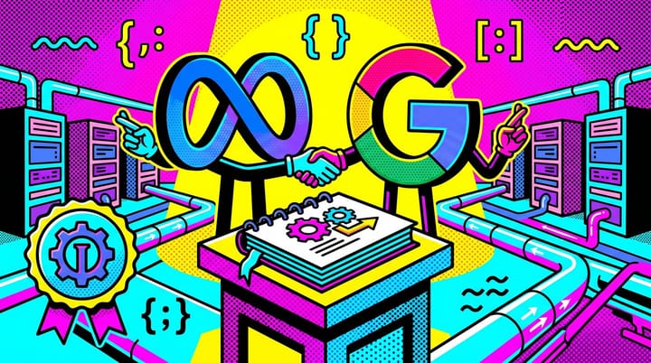 Pop-art illustration of Meta and Google logos shaking hands with crossed fingers behind their backs in front of an IAB Tech Lab ECAPI 1.0 specification document and server racks