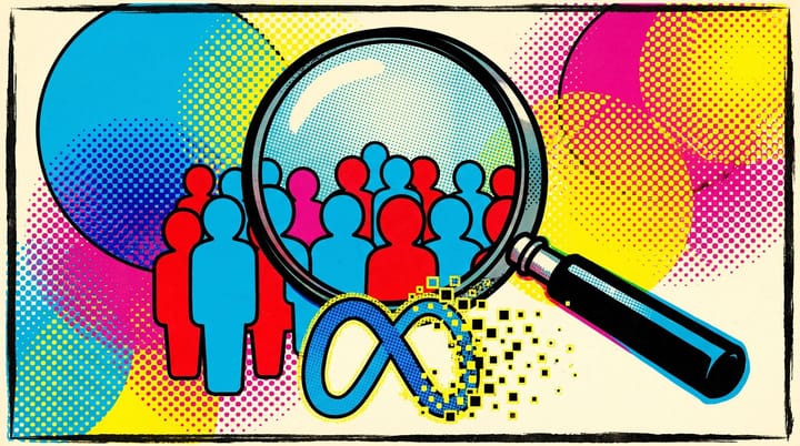 Pop-art illustration of a magnifying glass over a crowd of silhouettes with overlapping audience circles and a pixelating Meta logo, halftone dots.