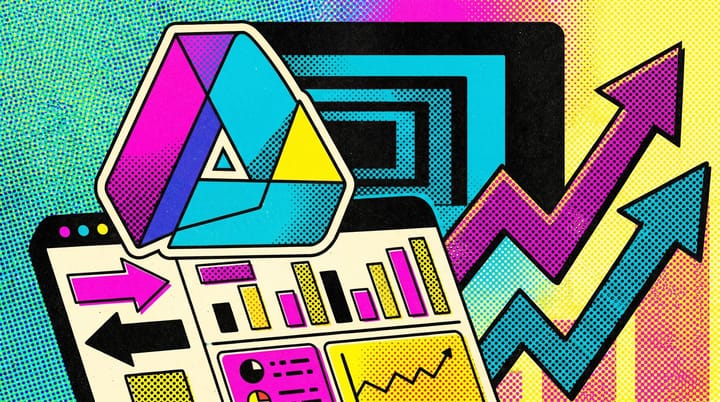 Microsoft Advertising publisher URL report dashboard with conversion and spend columns lit up next to a muted Google Performance Max placeholder, pop-art editorial style