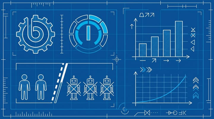 Blueprint-style technical diagram showing Bing logo with 1 billion counter on left, line dividing human silhouettes from crossed-out AI agent robot icons on right