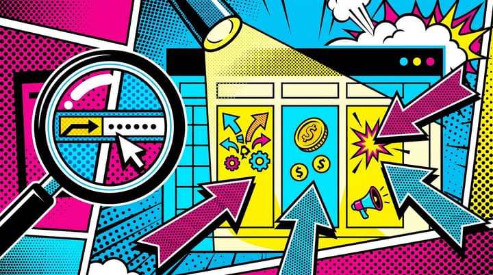 Pop-art illustration of a Microsoft Advertising PMax placement report with three highlighted columns labeled clicks, conversions, and spend over a publisher URL.