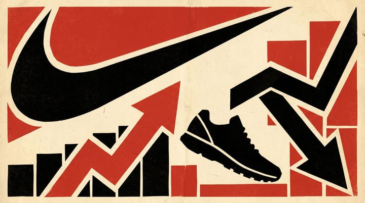 Propaganda poster style image showing a giant Nike swoosh with two arrows on a chart: wholesale up 5 percent climbing, Nike Direct down 7 percent falling, red and black palette.