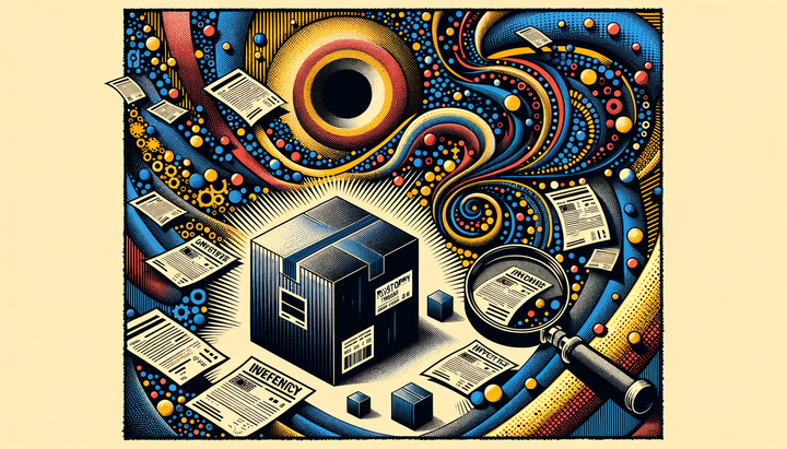Pop-art illustration of a black box labeled PMax with an unsold inventory tag spilling out advertiser invoices, a magnifying glass searching for placements.