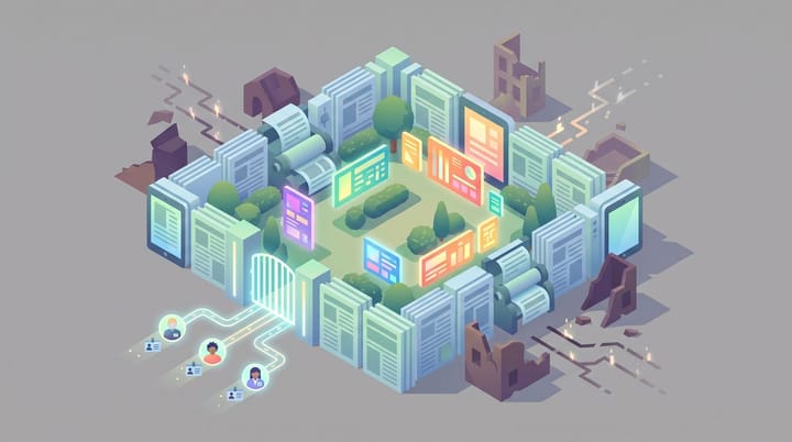 Isometric illustration: NYT as a walled garden, with data streams from 150M logged-in readers feeding premium ad slots while programmatic exchange decays outside.