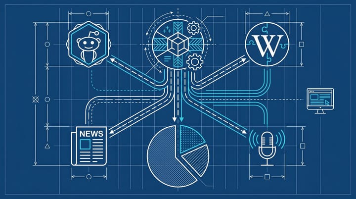 Blueprint diagram of a brand entity linked by measurement lines to Reddit, Wikipedia, news, and podcast icons, with a pie chart split 48% earned, 30% commercial, 23% owned