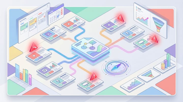 Opal Gem AI brand alignment dashboard concept showing campaign briefs scored against marketing strategy in flat isometric style