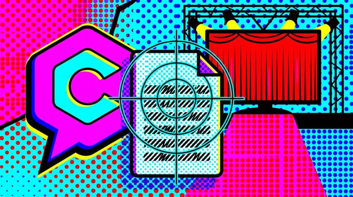 Pop-art collage of a CSV file with hashed email rows spilling out, ChatGPT logo behind it, and a TV upfront stage with red curtain backdrop.