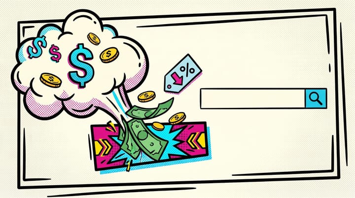 Pop-art illustration of a ChatGPT speech bubble pulling cash from a display banner while a search box sits untouched, $3 to $5 CPC tag overlay, Lichtenstein halftone dots.
