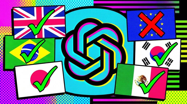 Pop-art halftone collage: UK, Brazil, Japan, South Korea, Mexico flags with green checks beside an EU flag stamped with a red X, ChatGPT ad icon at center.