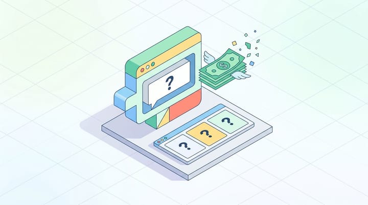 Isometric illustration of ChatGPT logo with a sponsored ad slot, dollar bills drifting away, and an empty measurement dashboard showing question marks where vendor logos should appear.