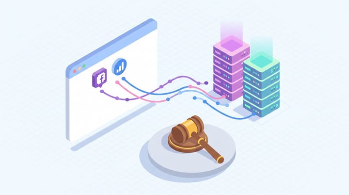 Isometric illustration of a ChatGPT browser window emitting labeled data streams toward Meta and Google servers, with a courtroom gavel representing the OpenAI pixel class action.