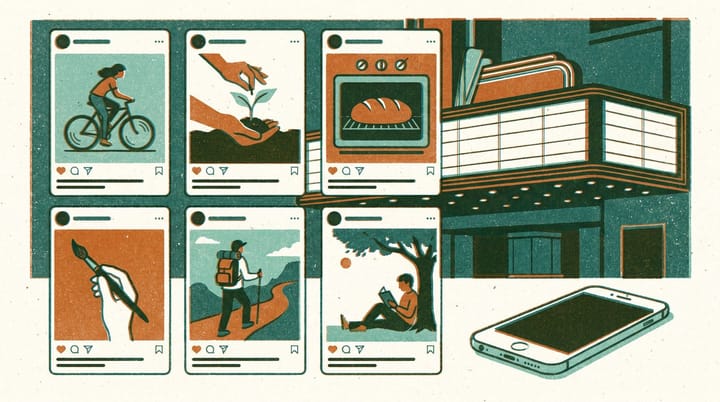 Risograph illustration of a Pinterest-style pin grid where each pin shows an offline activity (bike rides, gardening, baking) instead of social media content