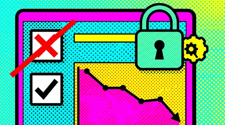 Pop-art illustration of Google Ads PMax campaign settings with Search Partners and Display Network checkboxes, partner network toggled off, audit trail icon locked behind padlock