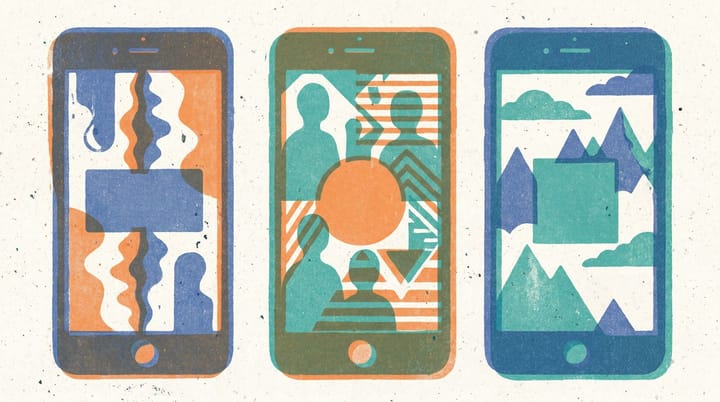 Risograph illustration of three smartphone screens showing vertical video feeds labeled Prime Video, Netflix, and Disney Plus with CPM price tag overlays.